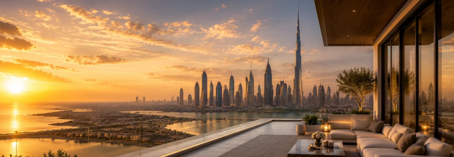 Luxury terrace overlooking Dubai skyline at sunset