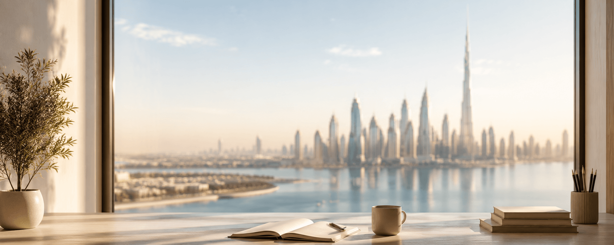Dubai skyline workspace with journal and city view